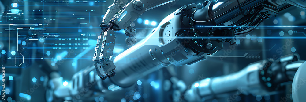 Poster close-up on advanced robotic arms operating in a futuristic industrial setting. represents automatio