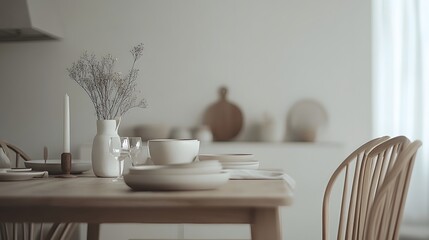 Table setting with dishes vase and chair in a bright kitchen interior.