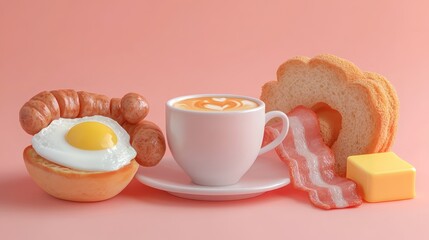 Stylized pink breakfast arrangement featuring egg sausage bacon bread and coffee