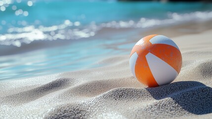 Obraz premium Colorful Beach Ball on Sunlit Sandy Shore with Ocean Waves in Background