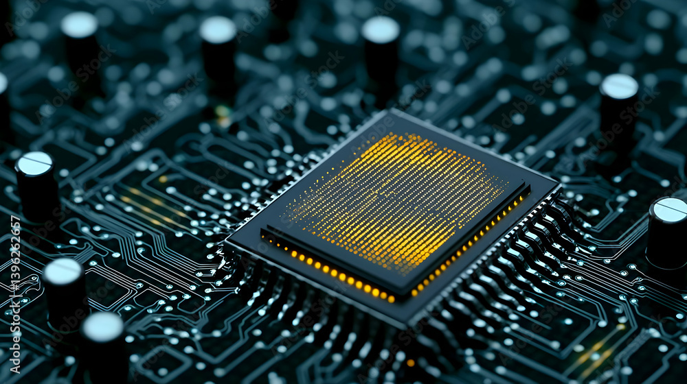 Aufkleber close-up of illuminated microchip on circuit board
