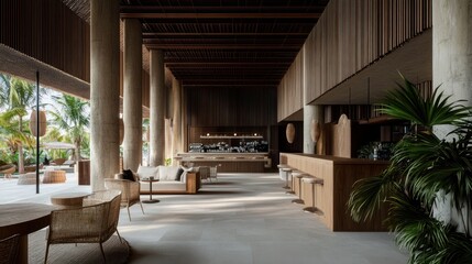 Fototapeta premium Modern Tropical Hotel Lobby, Wood and Concrete