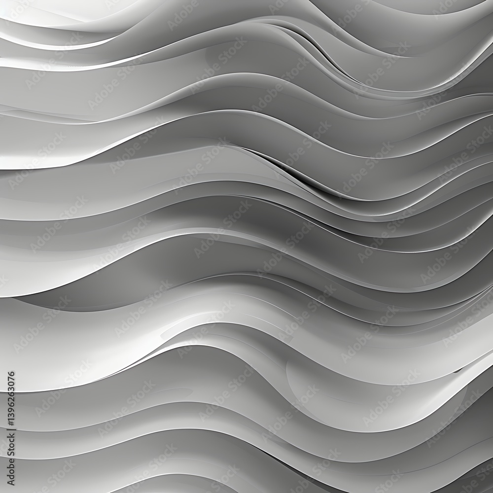 Poster abstract monochrome background featuring smooth, layered, undulating waves in shades of grey and whi