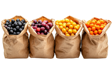 Four brown bags overflow with colorful ripe fruits each bag containing a different vibrant hue