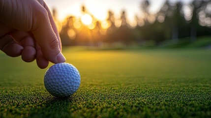 A golfer's hand placing a golf ball on a green at sunset.