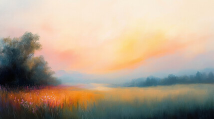 Fototapeta premium dreamy wildflower landscape painting blending soft colors and serene light. tranquil scene evokes sense of peace and beauty.