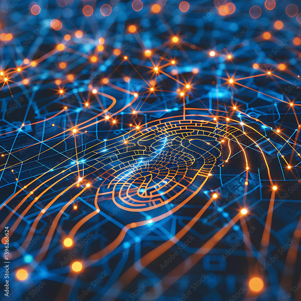 Poster digital fingerprint integrated into a glowing blue and orange circuit board network, symbolizing bio