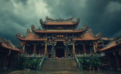 Majestic Asian temple under a dramatic sky.  Ancient architecture, intricate details, serene atmosphere, grandeur, steeped in history