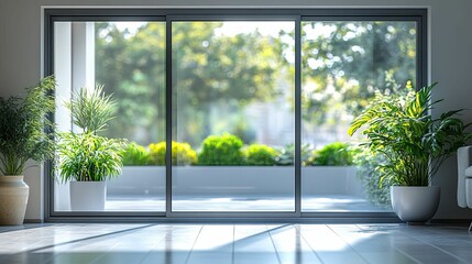 A modern interior space with large sliding glass doors showcasing a garden.