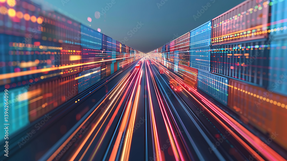 Poster abstract perspective view of a highway or data corridor at night, showing intense motion blur with l
