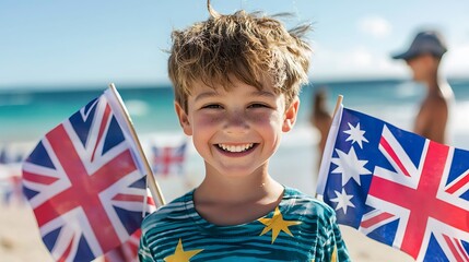 Smiling kid with Australian flags at the beach on Australia Day