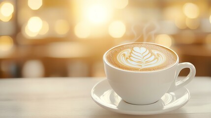 A steaming cup of coffee with latte art.
