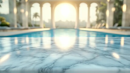 Fototapeta premium A marble tabletop overlooks a sun-drenched poolside oasis.