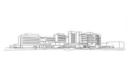 Fototapeta premium Minimalist line drawing showcases a university hospital complex rendering, emphasizing simplicity
