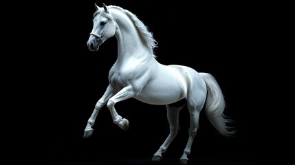 Fototapeta premium A majestic white horse in a dynamic pose against a black backdrop.