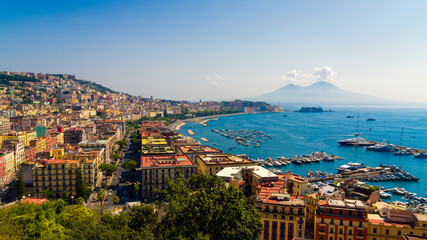 Obraz premium Panoramic view over Naples and harbour with Mount Vesuvius in Naples, Italy.