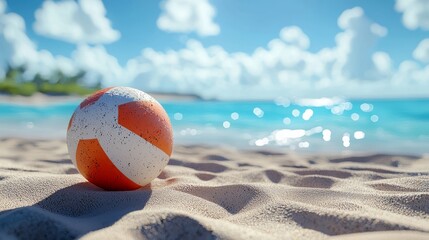 Obraz premium Vibrant Beach Ball on Sandy Shore with Ocean in Bright Sunny Day