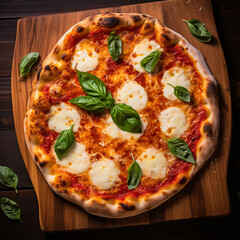 top view margherita pizza on wooden board isolated on a white background