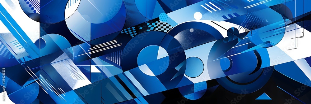 Poster dynamic abstract composition featuring overlapping blue geometric shapes like circles, triangles, an