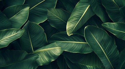 Obraz premium A dense arrangement of large dark green leaves with prominent veins creating a natural pattern