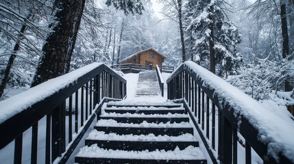 Snowy Pathway Leading to Cozy Cabin in Winter Wonderland Setting