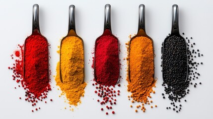 Vibrant Red Yellow and Black Spices in Metal Scoops on White Background