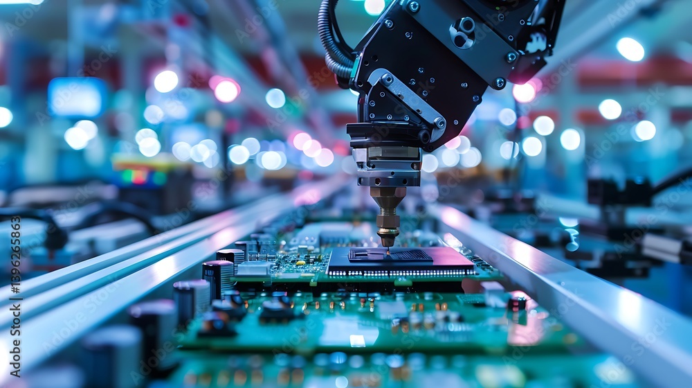 Poster robotic arm performing precision assembly on a circuit board moving along a production line. electro