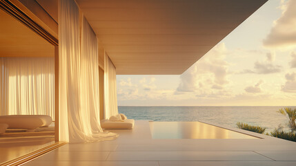 Beachfront villa with an open terrace, ocean breeze flowing through white curtains, and a private infinity pool - Shot at sunrise