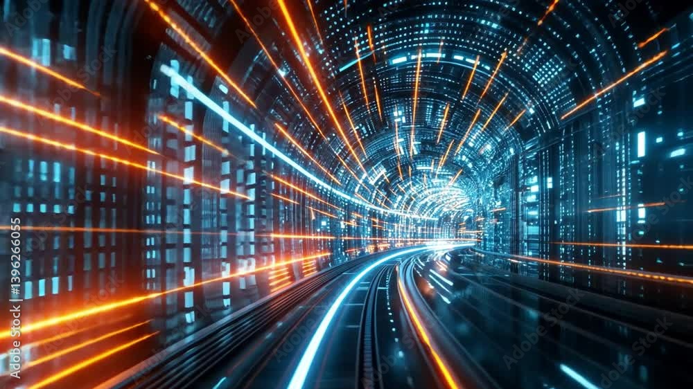 Poster futuristic tunnel of blue and orange lights digital sci fi experience of speed and motion with dynam