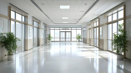 Bright Modern Hospital Corridor With Large Windows And Plants