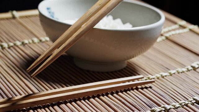 Elegant chopsticks resting on bamboo mat beside ceramic bowl of rice