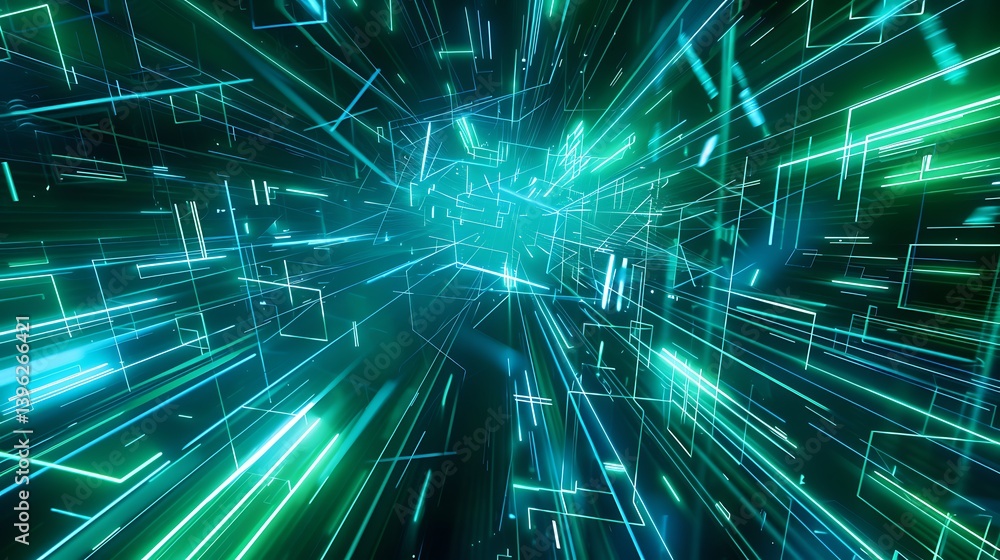 Poster abstract visualization of high-speed travel through a futuristic tunnel composed of glowing green an