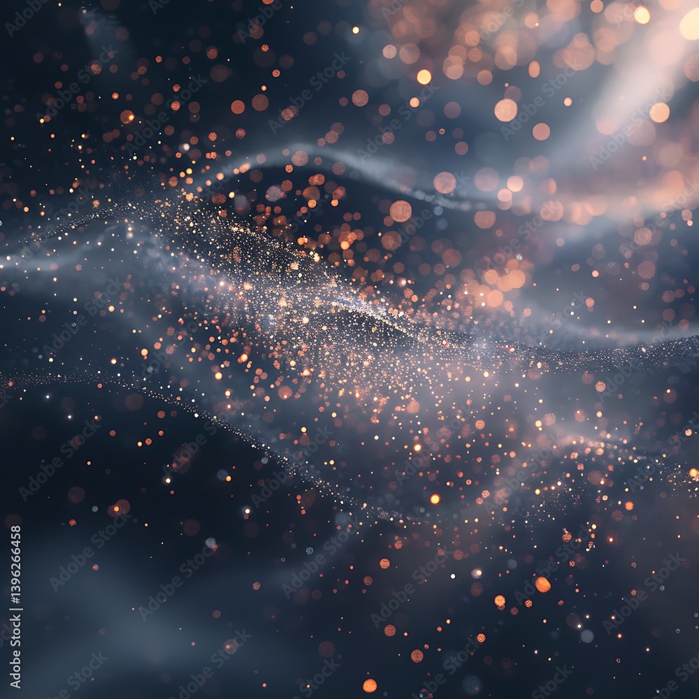 Poster abstract background featuring flowing waves of glowing golden bokeh particles and soft light against