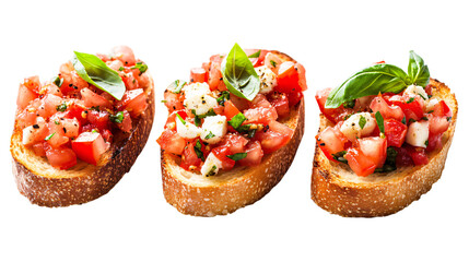 bruschetta trio toasted baguette with tomato basil and mozzarella isolated on a white background