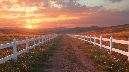 Serene Sunset Over Rolling Hills with White Fences and Wildflowers