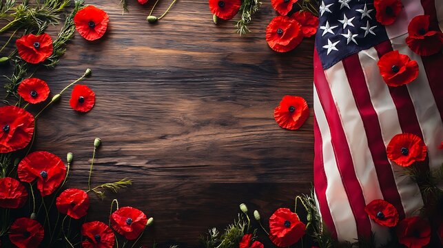 Solemn Memorial Day tribute with poppies and American flag reflecting sacrifice.
