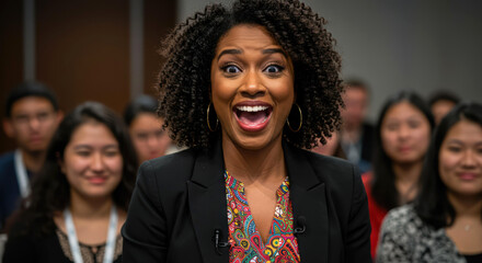 Obraz premium A woman with curly hair enthusiastically addresses the audience at a conference. She displays excitement with a big smile, while attendees keenly observe her from behind