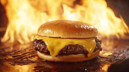 classic cheeseburger on grill with flames isolated on a flaming background
