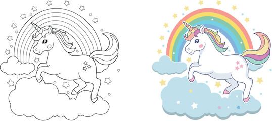 Illustration of a cute baby unicorn cartoon character. Black and white Printable Unicorn coloring page for kids, Bold and Easy Coloring Sheet
