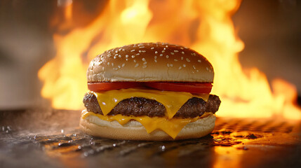 classic cheeseburger with flames isolated on a flaming background