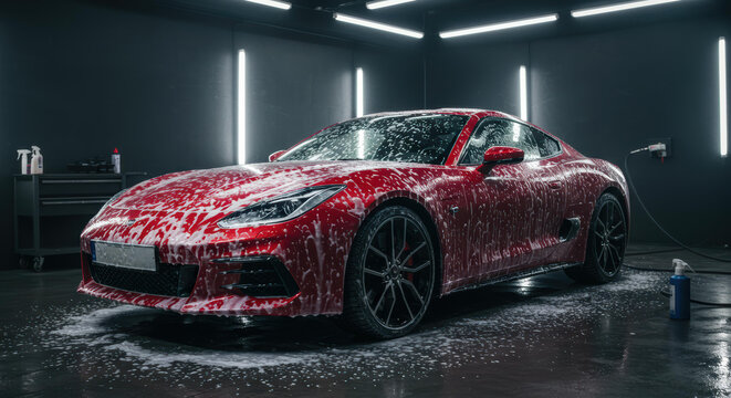 A sleek red sports car is covered in soap as it undergoes a thorough cleaning in a contemporary detailing garage. Bright lights enhance the shiny surfaces and create an inviting atmosphere
