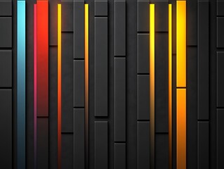 Abstract arrangement of sleek dark vertical elements with vibrant highlights