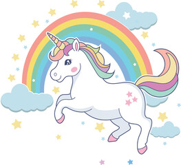 Fototapeta premium Adorable Baby Unicorn Cartoon Vector Artwork Illustration for Children – Perfect for T-Shirt Design, Birthday Cards, Stickers, and Nursery Decor 