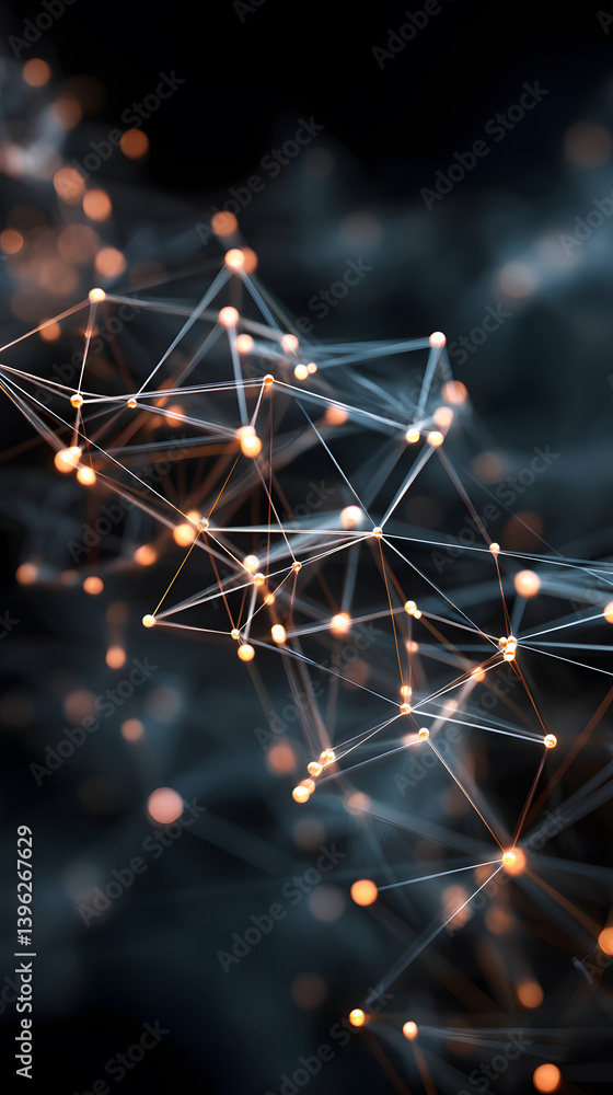 Poster an intricate network of glowing spheres and lines, illustrating digital data and connection.
