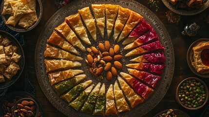 Exquisite baklava slices arranged with almonds on a decorative tray, ready to be served.