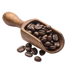 coffee beans in wooden scoop isolated on a white background