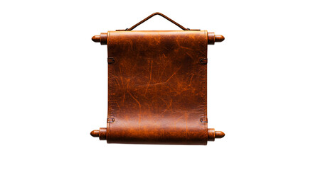 A close up shot of a brown leather scroll hanging against a black background in a studio setting