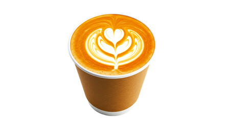 A latte art in a brown paper cup with a heart and leaf design on top isolated on a black background