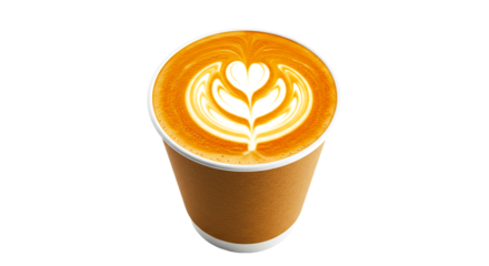 A latte art in a brown paper cup with a heart and leaf design on top isolated on a black background