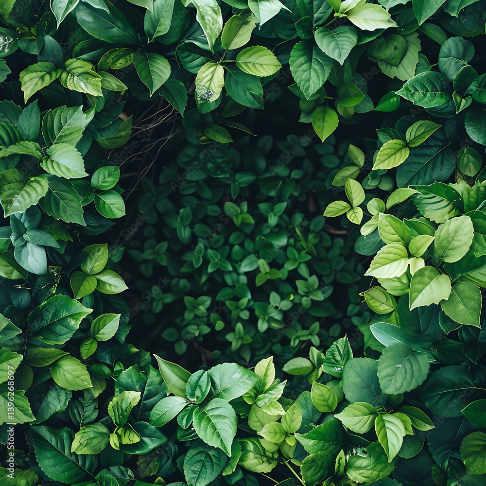 Poster top-down view into a dense frame of lush, vibrant green leaves of various shapes and sizes, creating